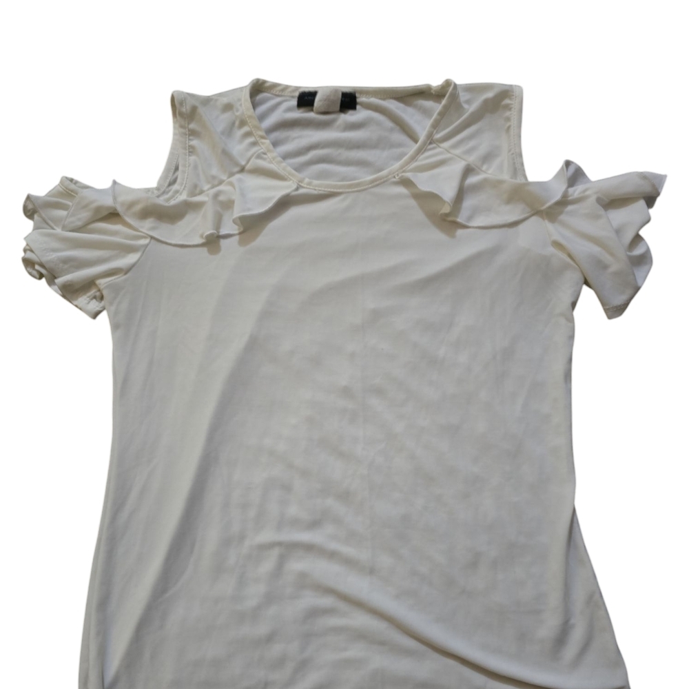 American City Wear Elegant White Ruffle Cold Shoulder Top Ladies Sz‎ L